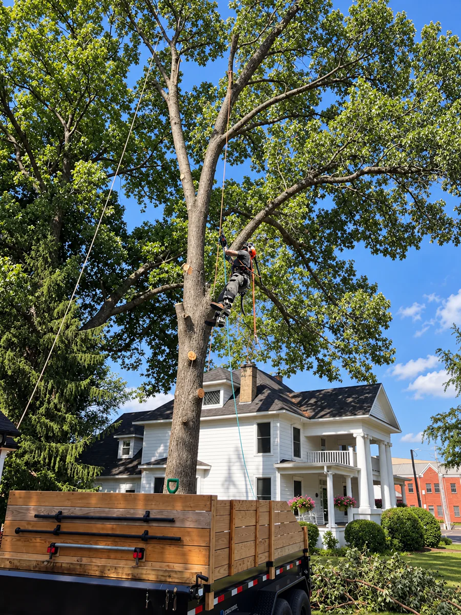 Climber working in a mature tree beside a white home and trailer