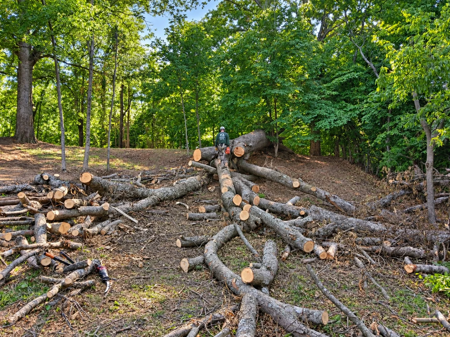 Real tree-service cleanup in progress with cut trunks and branches across a wooded work site
