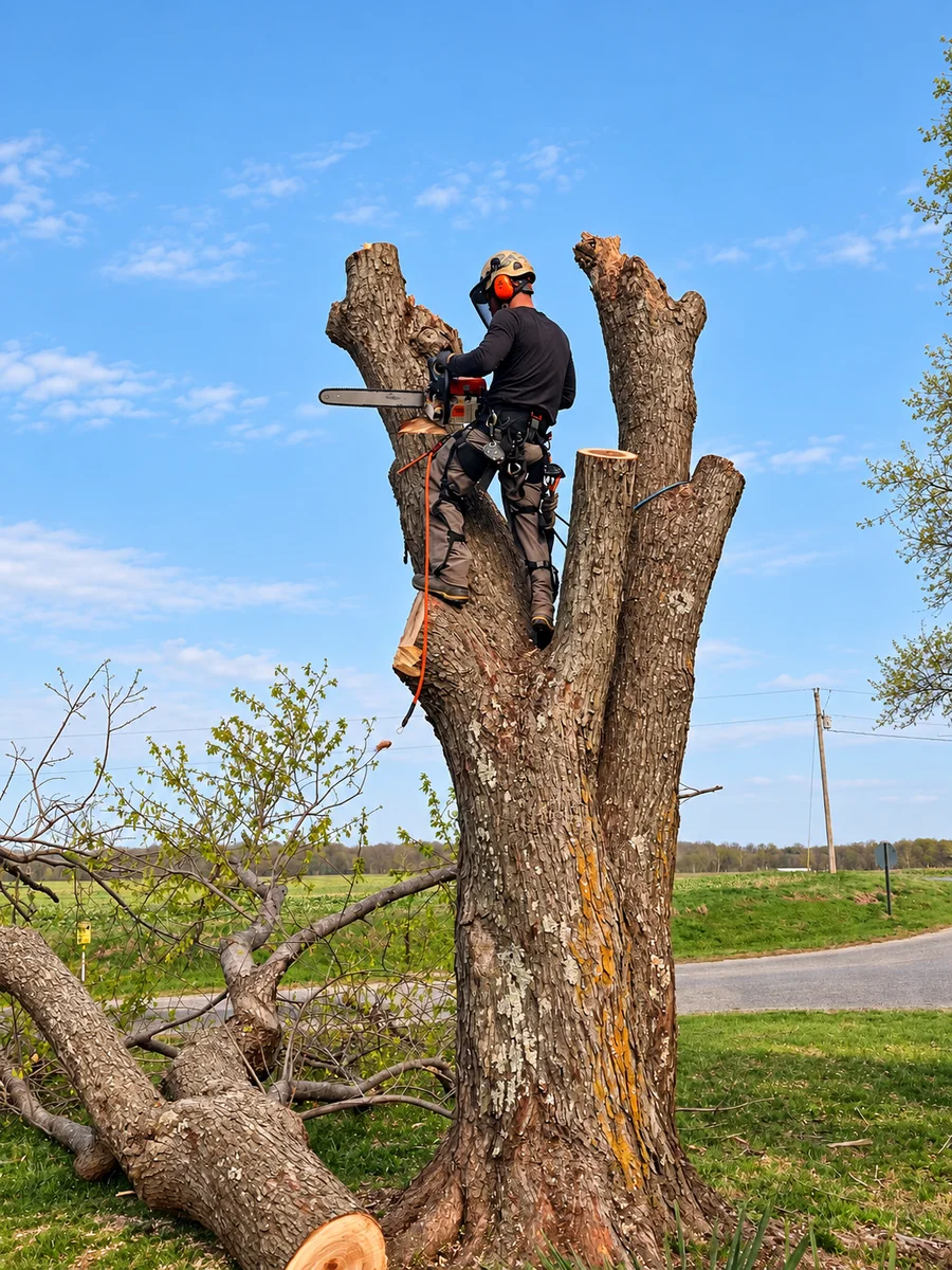 An arborist secured high in a partially removed tree while using a chainsaw and climbing gear