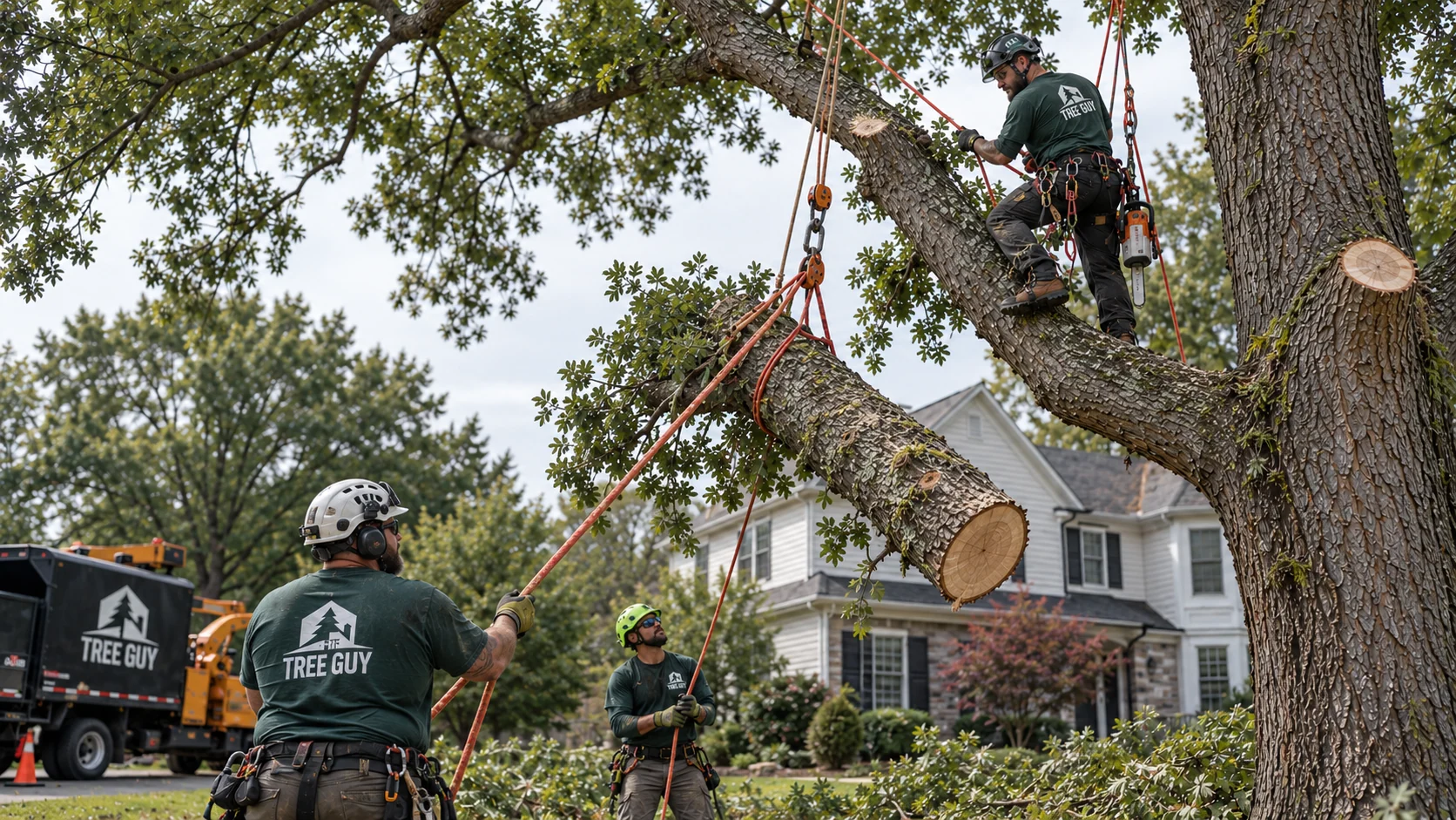 Arborist crew using rigging lines to lower a cut tree limb beside a home