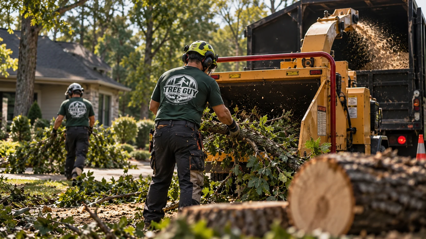 Two Tree Guy crew members handle cut branches and feed them into a chipper beside a home