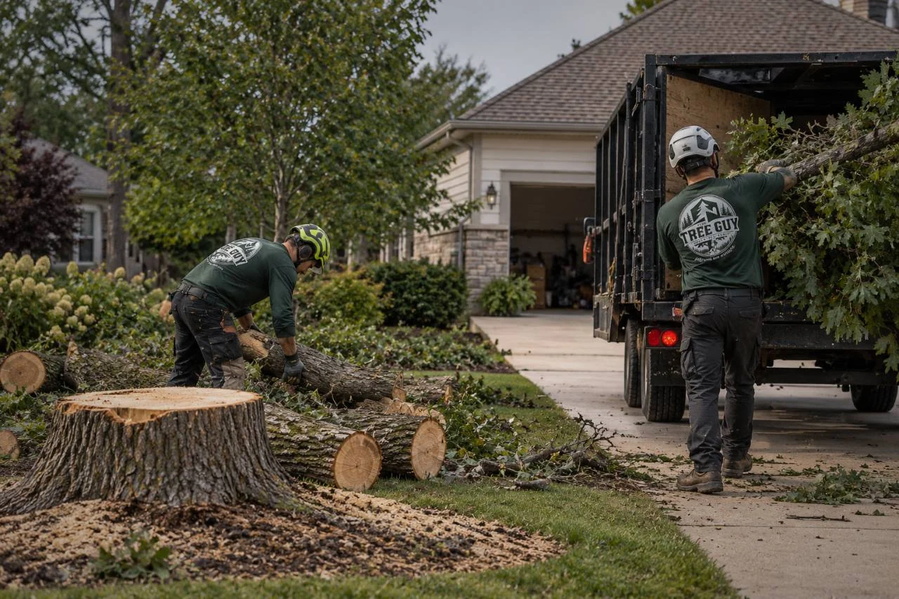 The Tree Guy crew clears a felled tree in a residential yard, with cut trunk sections, brush, a home, and work truck in view
